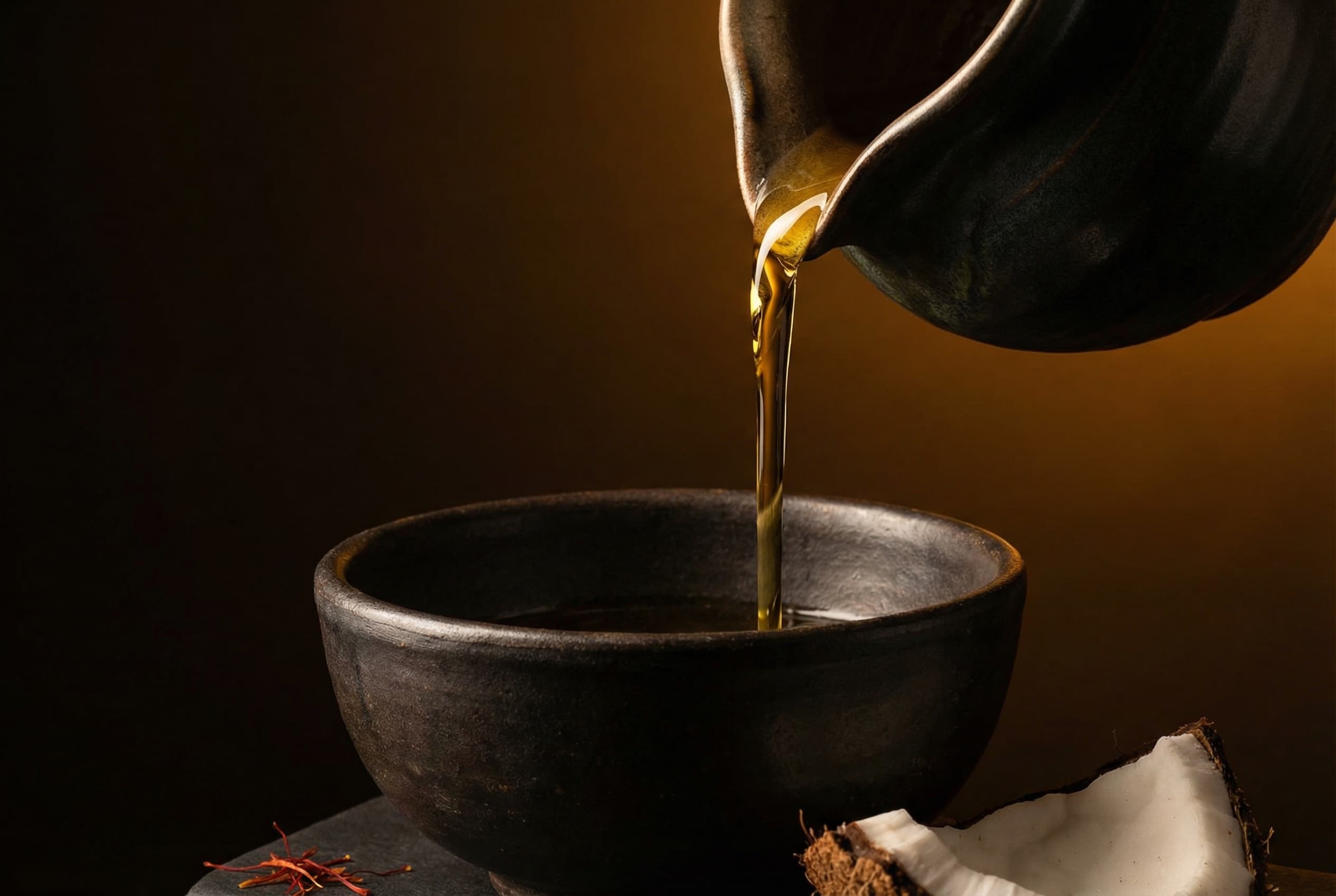 Golden coconut oil being poured from a traditional vessel