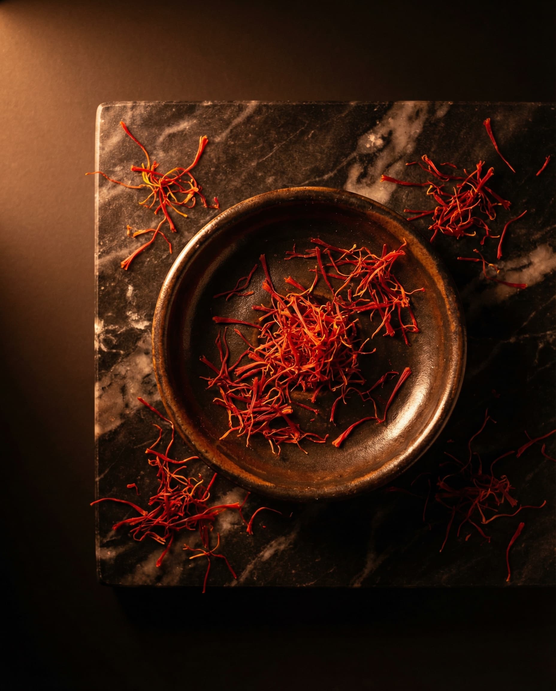 Khorasan saffron threads on a dark marble plate