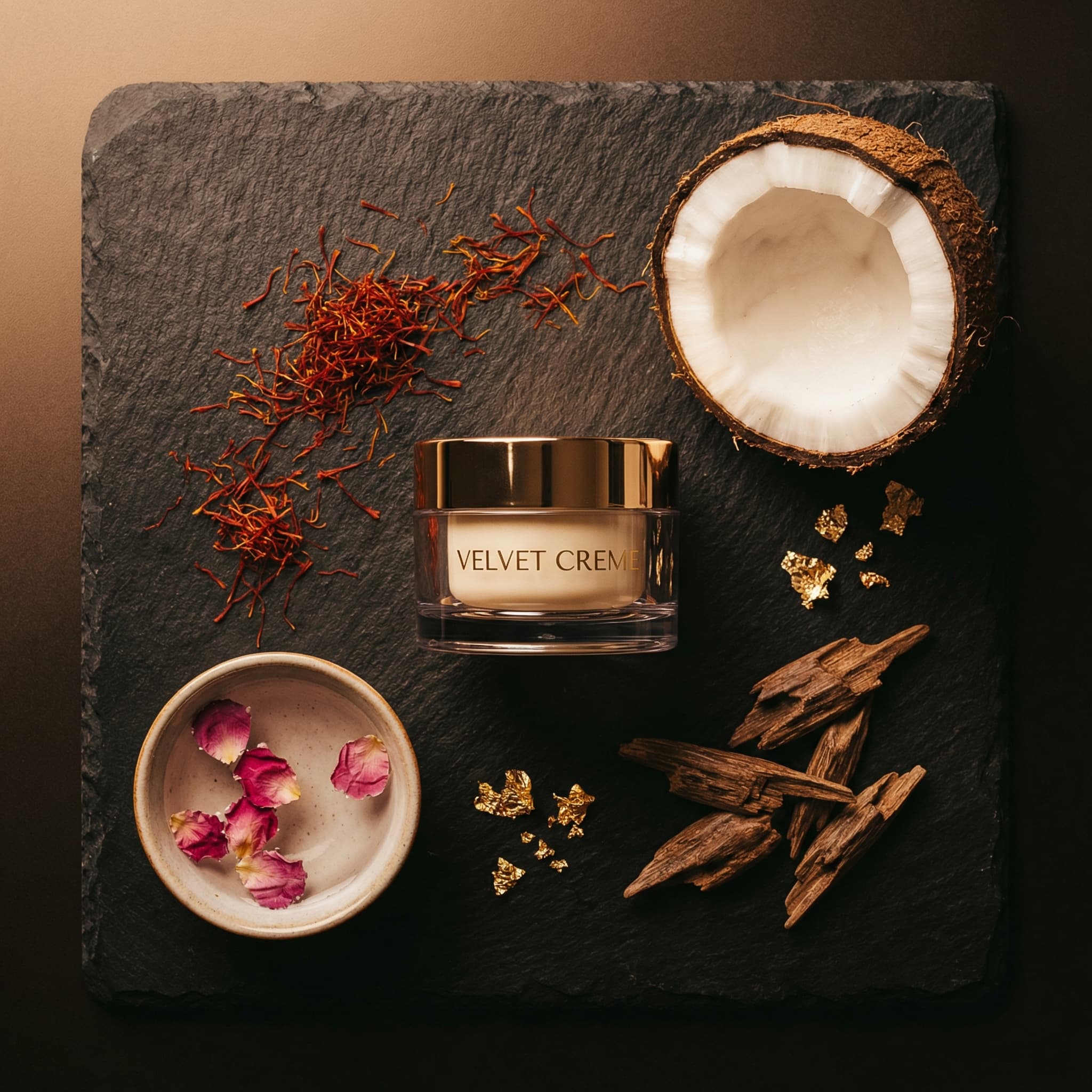 Velvet Creme ingredients flatlay with coconut and botanicals
