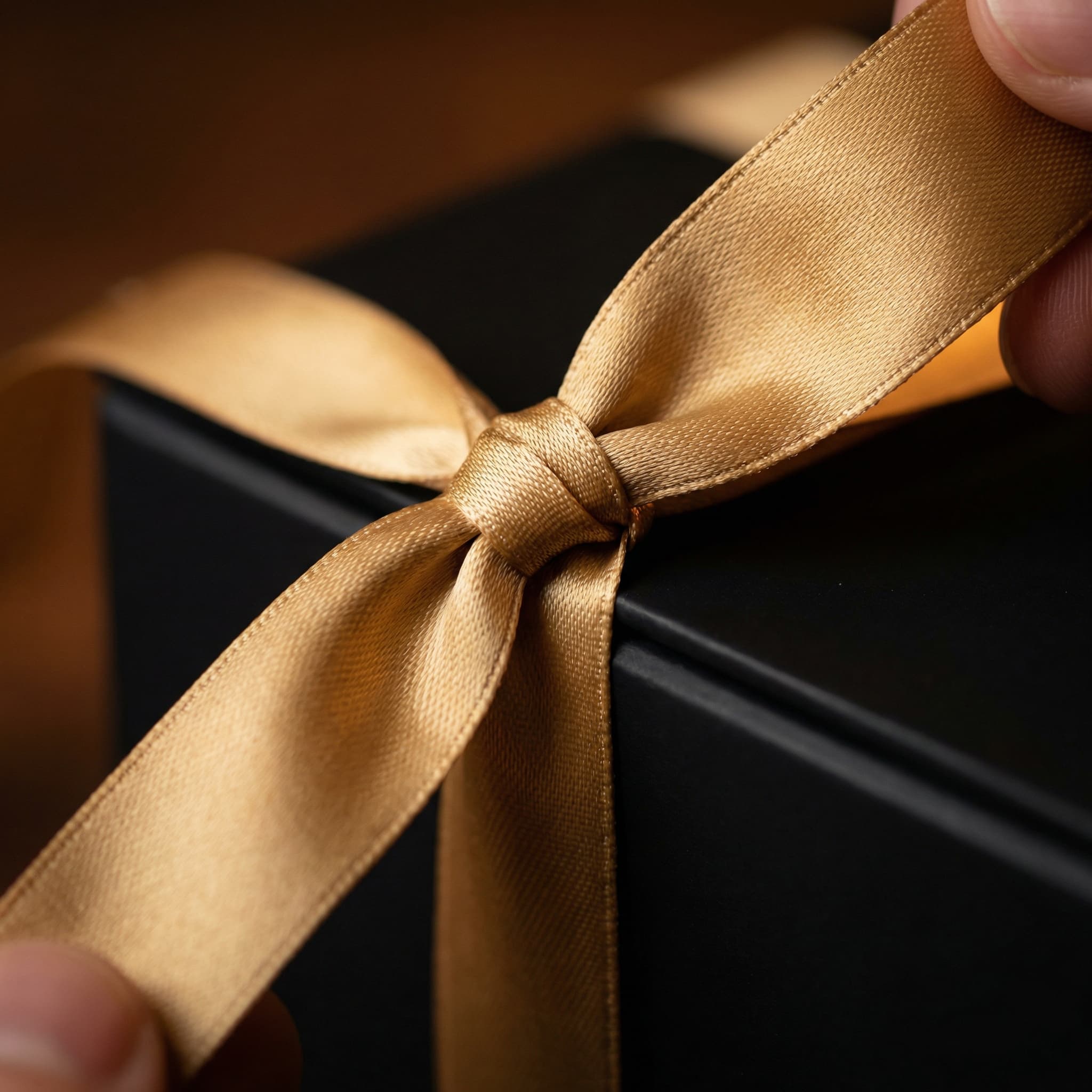 Gold ribbon tied on a matte black gift box