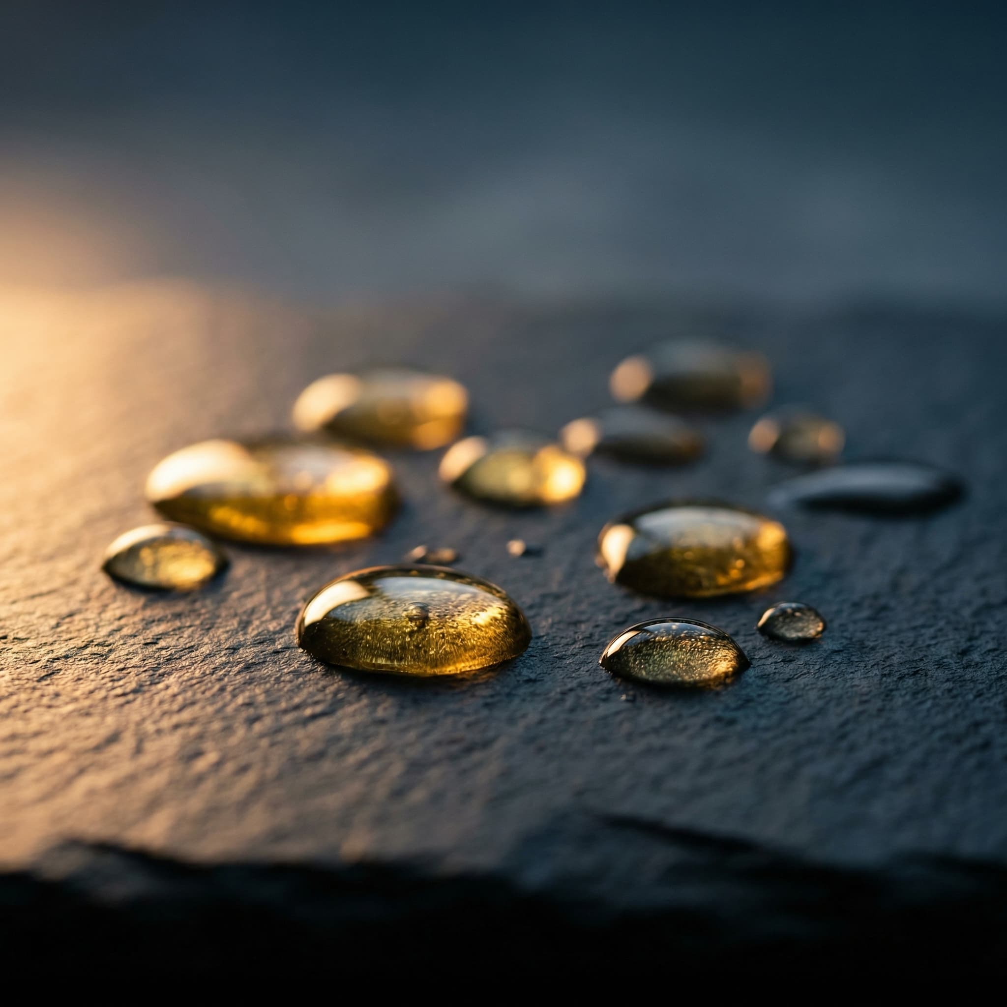 Golden oil droplets resting on dark slate surface