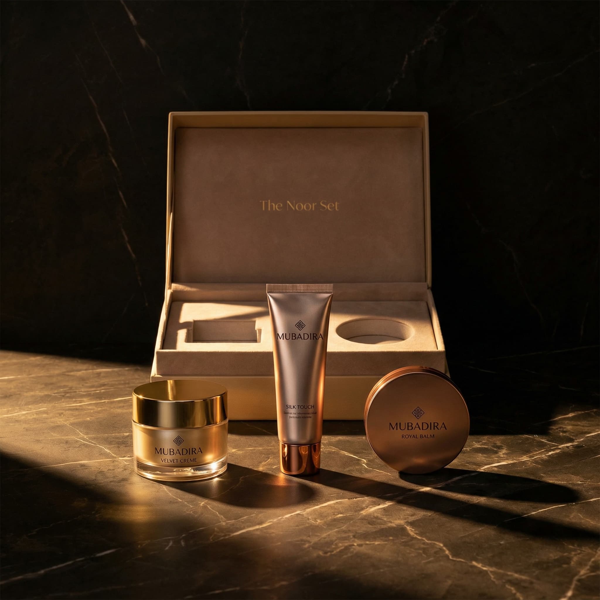 The Noor Set featuring Velvet Creme, Silk Touch, and Royal Balm with luxury presentation box